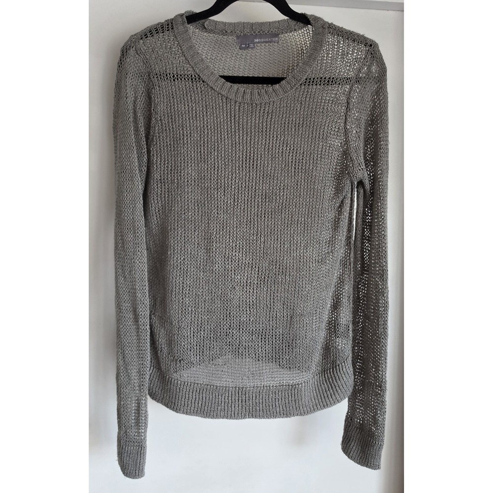 360 Sweater Women's M Gray Long Sleeve Linen Blend Pullover Open Knit Luxury